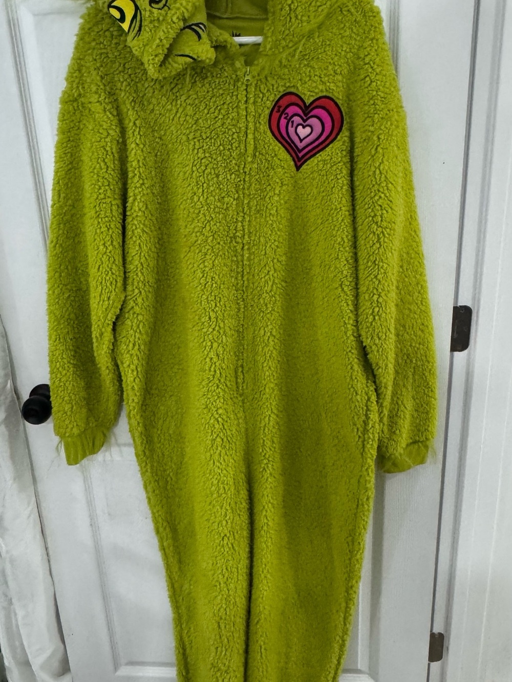 Plush Hooded One-Piece Jacket - Lime Green with Heart Patch
